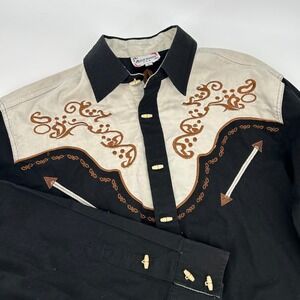 ACE OF DIAMOND Mens Western Shirt Black Beige Embroidered‎ Toggle Buttons Size L